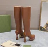 Dernières bottes longues pour femmes à talons hauts, semelles épaisses, bout rond, fermeture éclair latérale, tige en cuir de vachette, doublure en peau de mouton, semelle en cuir véritable, hauteur du talon 11 cm, taille 35-42