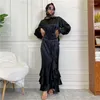 Etniska kläd Turkiet Satin Abaya Dubai Eid Muslim Blue Tops Ruffle kjolar för kvinnor islam arabiska modekläder party kaftan kontor