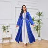 Roupas étnicas Azul Bordado Jalabya Árabe Vestido Mulheres Noite Mangas Compridas Abaya Dubai 2 Pcs Define Muçulmano