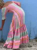 Podstawowe sukienki swobodne w paski drukowane patchwork plisowane maxi sukienki dla kobiet seksowne krótkie rękawie talia Veatidos moda damskie stroje streetwearu 230831