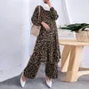 Ropa étnica Ramadán Marruecos Musulmán Estilo árabe Patrón de leopardo Cuello redondo Top de mujer Pantalones de pierna ancha Moda Elegante Suelto Relajado Islam