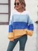 Women's Sweaters Fall Winter Women Color Block Knitted Sweater Long Sleeve Crew Neck Colorful Casual Cozy Loose Ladies Ribbed Pullover