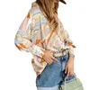 Damesblouses Damesoverhemd Kleurrijke printblouse Stijlvolle revers Losse pasvorm Lange lantaarnmouwen voor lente Herfst Mode Damestop