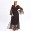 Robes grande taille grande robe femme élégant col en v soie couleur maille Flare manches longues gros MM dentelle