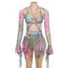 Duas peças vestido tie dye 3 peça saia define elegante malha de luxo mini ruffle bandage vestido verão sexy colheita bikini top sexy night club outfit 230831