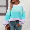 Women's Sweaters Fall Winter Women Color Block Knitted Sweater Long Sleeve Crew Neck Colorful Casual Cozy Loose Ladies Ribbed Pullover