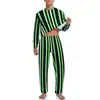 Nachtkleding voor heren Colorblock Print Pyjama Herfstgroene strepen Home Heren 2-delige aangepaste Kawaii-set met lange mouwen