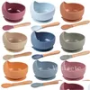 Serviessets Creatief Eenvoudig Baby Kinder Sile Bowls Lepels Vorken 3-delige set Kom Lepel Vork met houten handvat T9I002157 Drop Delive Dhulk