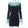 Casual Dresses Anjamanor Fluffy Feather Backless Long Sleeve Short Fashion 2023 Fall Winter Dress for Woman Sexy Club Outfits D85-DZ28