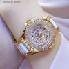Outros relógios BS abelha irmã marca de luxo mulheres es cheio de diamante pulseira de ouro pulseira de cerâmica feminina à prova d'água quartzo es dourado t230905