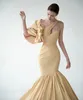 Robe de bal sirène en Satin Champagne, asymétrique épaule dénudée, avec grand nœud froncé, robe de soirée formelle pour femmes, avec traîne