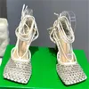 Sandalias de diseñador para mujer, zapatillas de tacón alto de cuero con diamantes de imitación, sandalias de malla, zapatos elásticos brillantes para fiesta y boda, novedad