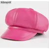 Berets XdanqinX Herbst Frauen Schaffell Leder Sboy Caps Elegante Dame Echte Hut Einfache Mode Junge Frauen Trend Cap 230831