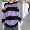 女性用セーター韓国スタイルグランジパープルストライプセーター女性ホロウアウト特大ニットトップハラジュクヴィンテージジャンパー