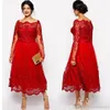 New Stunning Red Plus Size Evening Dresses Sleeves Square Neckline Lace Appliqued A-Line Prom Gowns Tulle Tea-Length Formal Dress275B