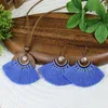 Necklace Earrings Set Bohemian Fan Shaped Cotton Tassel Jewelry For Women Vintage Wooden Round Pendant Long Rope Handmade