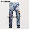 Mäns jeans Micro- Post Slim Men Pants Patch Punk Stylish Trousers Fake Designer Clothalones Vaqueros Hombre B113279V