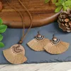 Necklace Earrings Set Bohemian Fan Shaped Cotton Tassel Jewelry For Women Vintage Wooden Round Pendant Long Rope Handmade