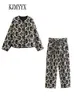 여자 2 피스 바지 kjmyyx 여름 여성 패션 프린트 면화 패딩 자켓 캐주얼 긴 소매 topselegant 벨트 넓은 다리 바지 230831