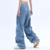 Women's Jeans Pocket Solid Color Overalls Jean's Y2K Street Retro Loose Wide-Leg Overalls Couple Casual Joker Mopping Jeans Pant 230831