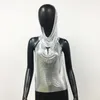 Women's Tanks Y2K Night Club Hooded Cowl Top Women Gold Metal Chainmail Halter-Neck