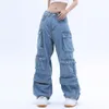 Women's Jeans Pocket Solid Color Overalls Jean's Y2K Street Retro Loose Wide-Leg Overalls Couple Casual Joker Mopping Jeans Pant 230831