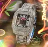 Moda número romano quadrado relógio de couro genuíno mulheres homens à prova d'água senhora Iced Out dia data cheia de diamantes anel caso bateria de quartzo super relógios Montre de Luxe