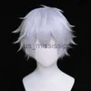 Anime Jujutsu Kaisen Gojo Satoru Cosplay Glasses Short Layered Sier Heat Resistant Synthetic Hair Wigs Wig Cap x0901