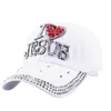 Casquettes de balle WJ7621 femmes denim tissu pierres artificielles bling rouge j'aime coeur Jésus coton baseball 230831