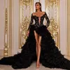 Black Beaded Long Sleeves Prom Dresses Sheer Plunging Neck Sequined Side Split Evening Gowns Tiered Sweep Train Tulle Formal Dress270K