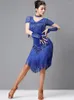 Stage Wear Latin Dress Short Sleeve Women Samba Costume Party Dresses Sheer Mesh Stretchy Fringes Dance Ballroom