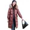 Women's Down 2023 Bright Face Long Casual Stitching Cotton Padded Coat With Large Fur Collar