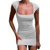 Casual Dresses 2023 Summer Mini Dress Short Sleeve Square Neck Solid Color Sexig Cut Out Women Bodycon Clubwear