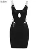 Повседневные платья Klalien Fashion Sexy Hollow Out Bangage Low Grap v Neck rap Mini Bodycon Женщины 2023 Летняя уличная одежда Y2K