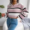 Kvinnors tröjor ins stil realtid 2023 Autumn/Winter Casual stripe långärmad öppen navelstickad tröja för kvinnor sueter mujer toppar