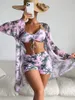 Women's Swimwear 3 Pieces Bandeau Push Up Bikini With Long Sleeve Mesh Cover Summer Beach Swimsuit Women High Waist Bathing Suits Beachwear