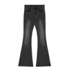 Jeans femininos preto cinza lavado para primavera e outono vintage babados cintura alta magro encaixe estiramento micro flared calças