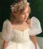 Mädchenkleider, Blumenkleid, weiß, flauschiger Tüll, Rundhalsausschnitt, Perlenhochzeit, elegant, für die erste Eucharistie-Geburtstagsfeier des Kindes