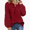 Blusas femininas camisa macia chique renda oca blusa elegante primavera/outono com mangas lanterna retalhos de cor sólida
