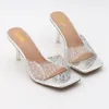 Chinelos 2023 Mulheres Moda Verão 8.5cm Salto Alto Slide Sandálias Pretas Luxo Ouro Cristal Lantejoulas Mules Lady Fetish Party Shoes