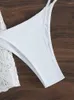 Kvinnors badkläder sexig vit bunden grimma 3 -stycken spets shorts bikini set kvinnor 2023 högklippt thong baddräkt rygglös baddräkt