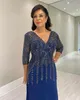 Dark Navy Lace Mother of the Bride Dresses Beaded V Neck Mermaid Evening Gowns With Long Sleeves Chiffon Wedding Guest Dress