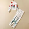 Calças femininas de duas peças roupas europeias e americanas 2023 outono de manga comprida floral impressão frisada zíper jaqueta calças moda terno