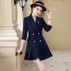 Casual Dresses Fashion Women Dress Navy Blue Office Ladies Long Sleeve OL Work Party Doubled)