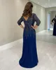 Dark Navy Lace Mother of the Bride Dresses Beaded V Neck Mermaid Evening Gowns With Long Sleeves Chiffon Wedding Guest Dress