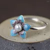 Cluster Rings Bocai Solid S925 Pure Silver Jewelry Woman Ring Cloisonne Flower With Pearls Justerbar Real 925 för