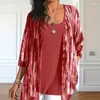 Kvinnors blusar Autumn Women Casual Loose Shirts kostymer Fashion Solid O-Neck Tank och tryckt tre kvart ärmkardigan Tvådelar