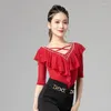 Scene Wear Female Latin Dance Tops Pearl Ruffle Half Sleeve Chacha Dancewear Salsa Dancing Clothes Rumba Performance Costume VDB4470