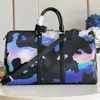 Designer Rose Bleu Keepall bandouliere 50 sac duffle sacs de voyage pour hommes maille tissu impression de fleurs