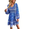 Casual Dresses Women Floral Mini Dress Boho Flower Print V Neck Long Sleeve Flowy Elastic Waist Short For Beach